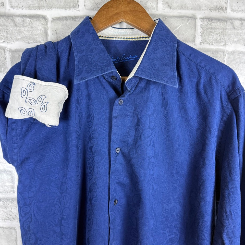 Robert Graham Mens Royal Blue Paisley Jacquard Cotton Button Down Shirt L/XL 17